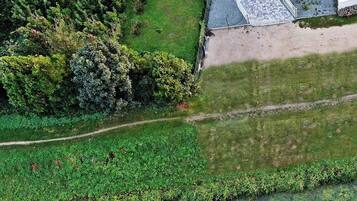 Vista aérea de una casa con techo inclinado, rodeada de un césped cuidado y árboles frondosos.