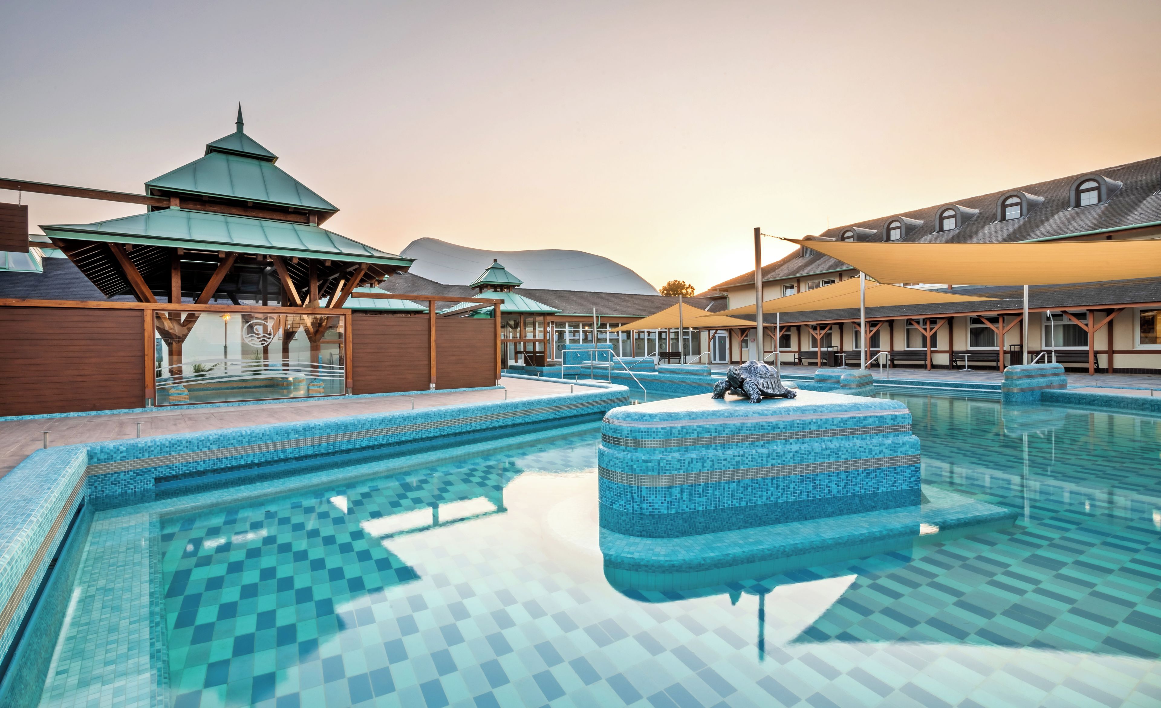 A swimming pool with a checkered pattern, a turtle statue, and a building with a green roof.