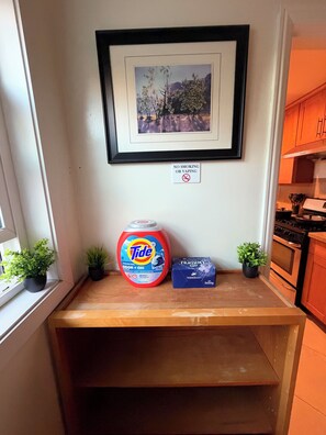 A small wooden shelf with a framed picture, a no-smoking sign, a Tide detergent bottle, a Dannon yogurt box, and two small potted plants. - Superb 3-bedroom cabin with AC in delightful San Jose (San Jose)