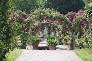 Ein Gartenweg führt zu einer Statue, umgeben von blühenden Pflanzen und Kübelpflanzen.