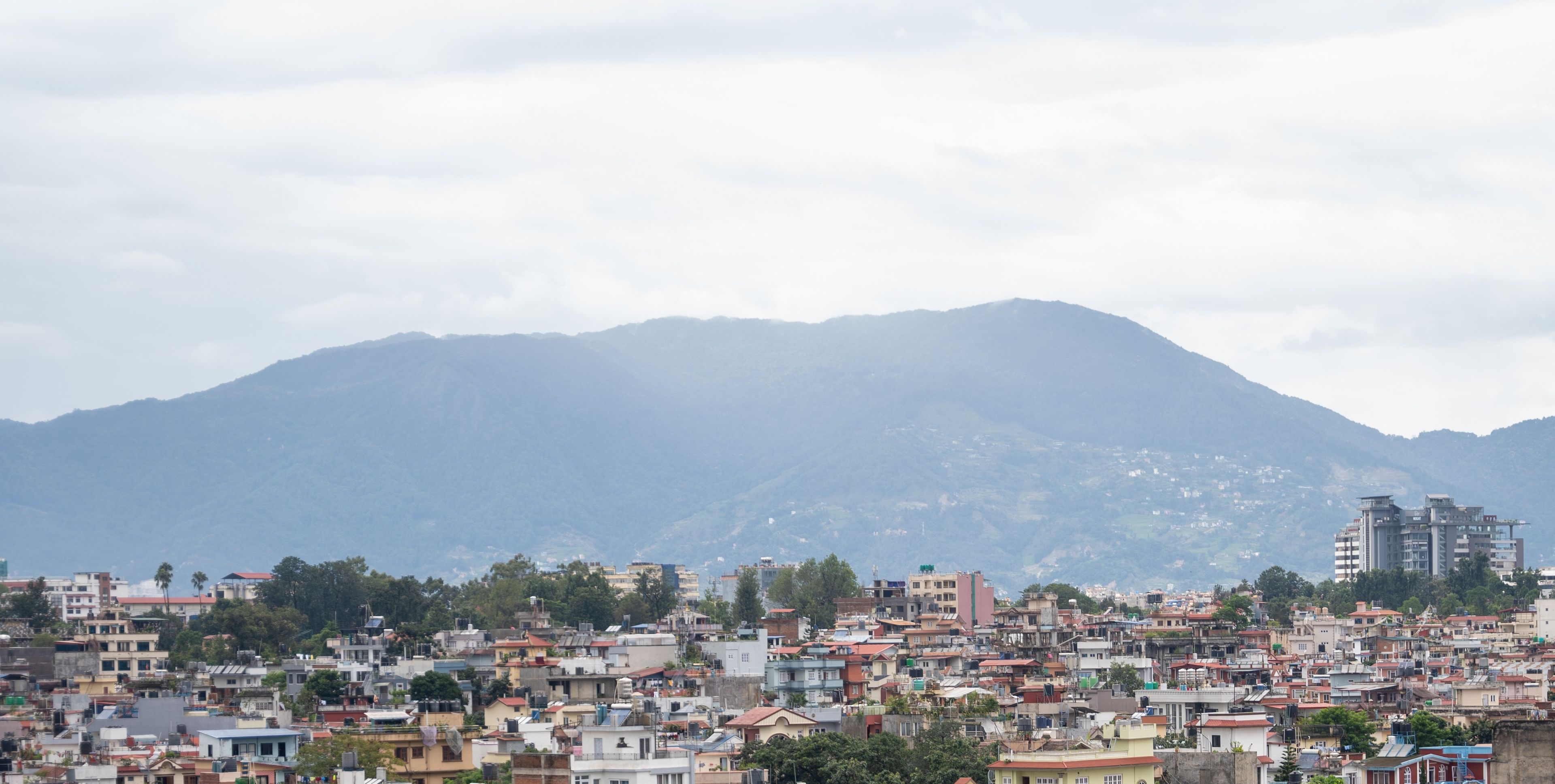 A densely packed urban area with a mountain in the background.