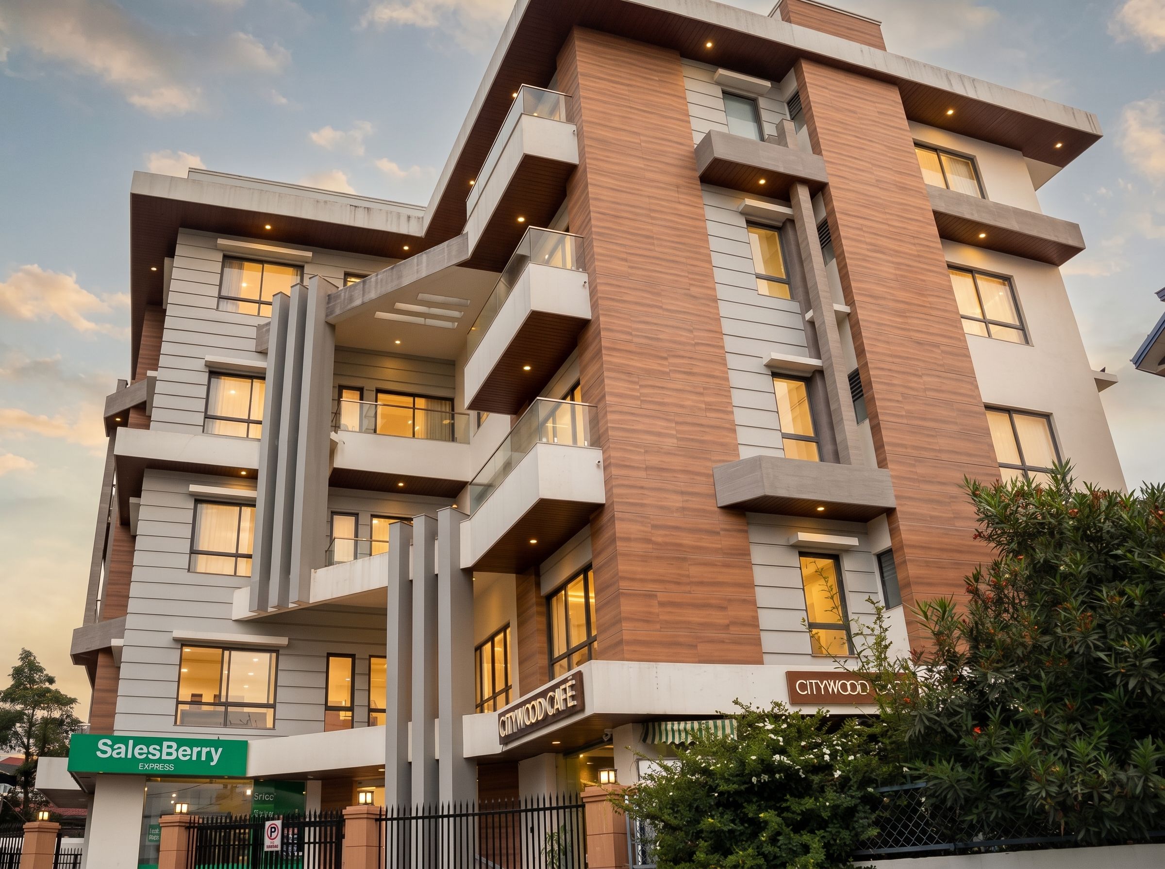 A multi-story building with a modern architectural design, featuring balconies and large windows.