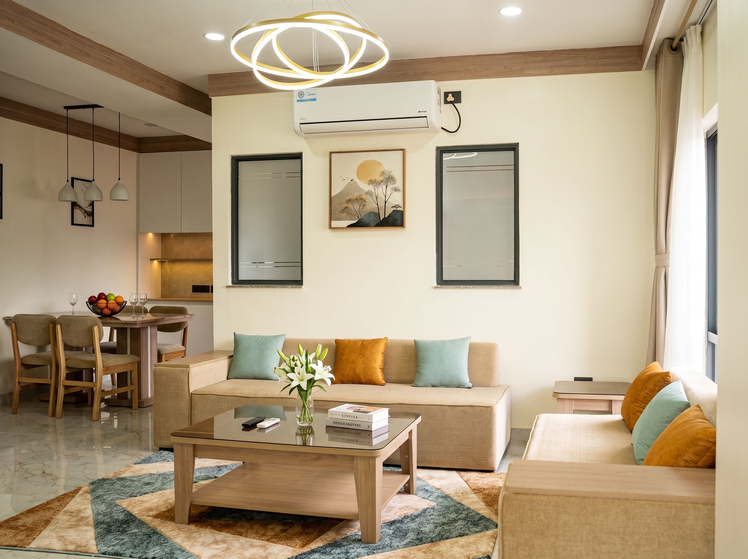 A modern living room with a sofa, coffee table, and artwork on the wall.