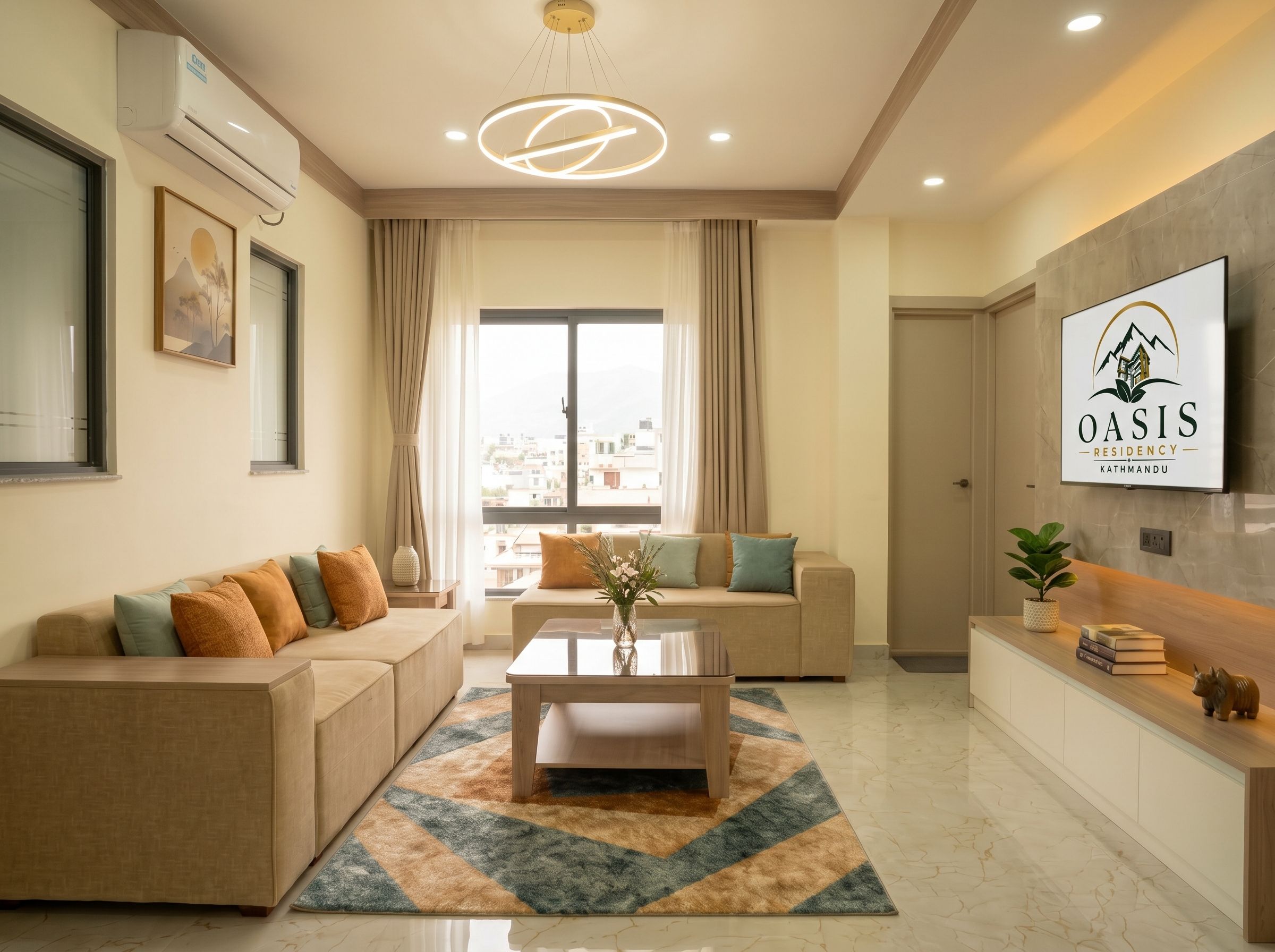 A modern living room with a sofa, a coffee table, and a TV mounted on the wall.