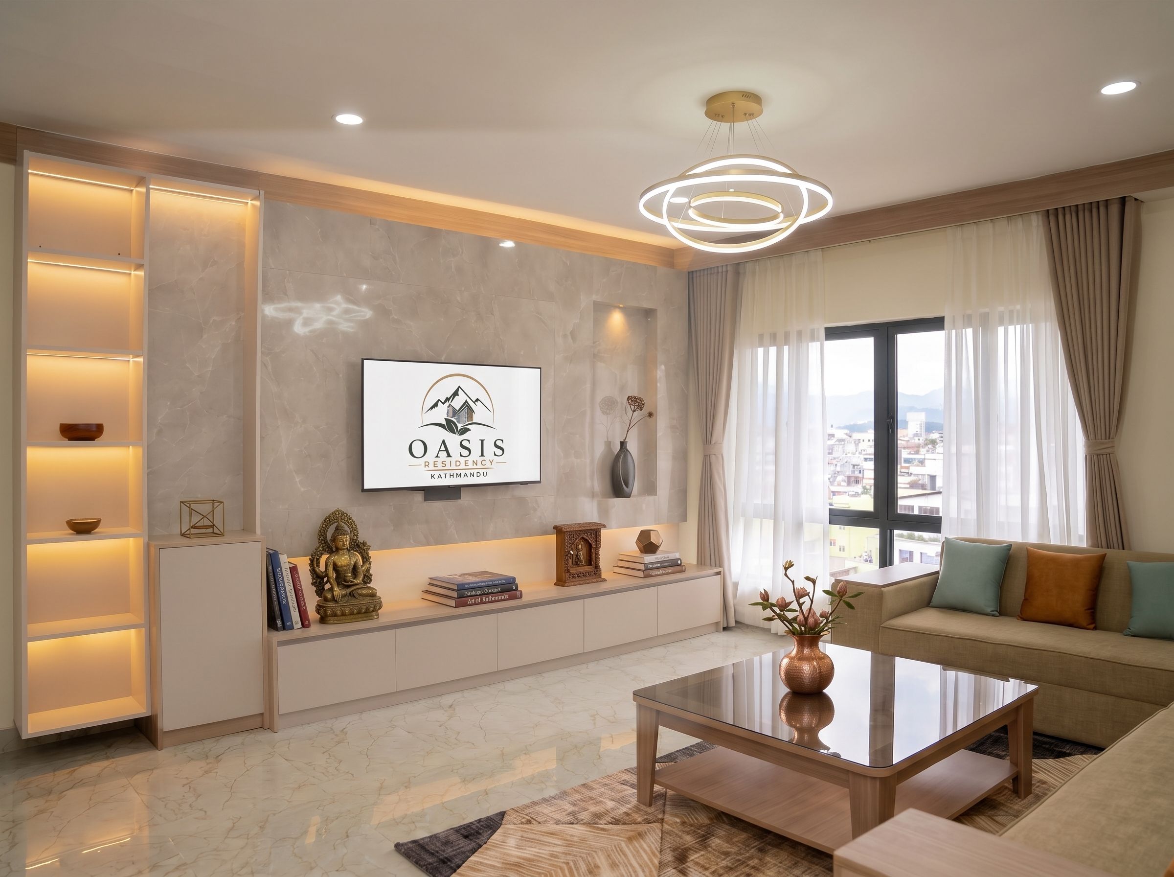 A modern living room with a glass coffee table, a sofa, a wall-mounted TV, and a decorative Buddha statue.