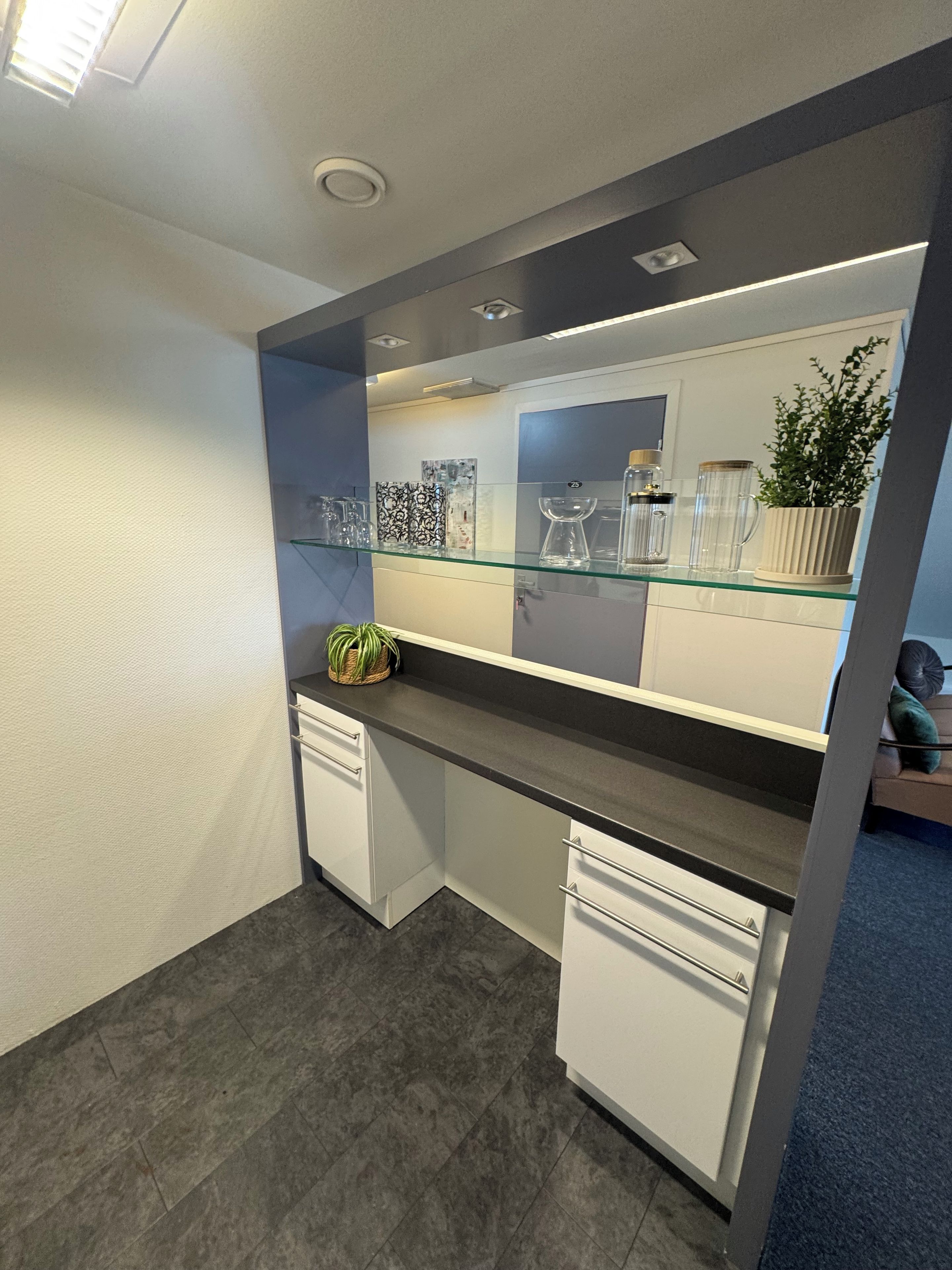 Una kitchenette compacta con un estante de vidrio, gabinetes blancos y una planta en maceta.