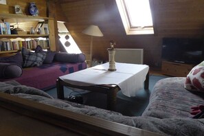 Ein gemütliches Zimmer mit einem Schlafplatz in der Mansarde, einem Tisch mit einer Vase, einem Bücherregal und einem Fernseher.