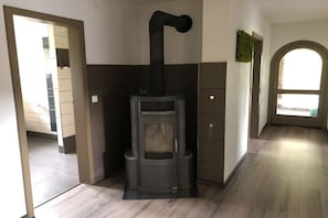 Ein modernes Interieur mit Kaminofen, einer Tür zu einem anderen Raum und einem Fenster mit Blick.