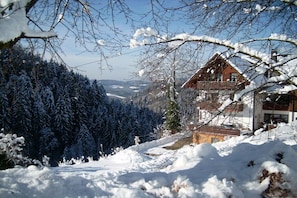 Schneebedeckte Landschaft mit einer Holzhütte und einem Wald im Hintergrund.