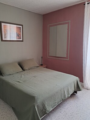 A bedroom with a bed, pillows, a bedside table, a lamp, a framed picture, and a mirror. - Cozy apartment in Aveyron with a garden and air conditioning (Livinhac-le-Haut)