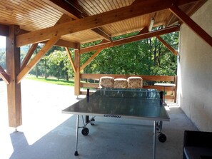 A ping pong table with a metal frame, positioned under a wooden structure with a view of greenery outside. - Holiday Home 'Gîte Lauberoye' with Private Terrace, Private Garden and Wi-Fi (Saint-Pierremont)