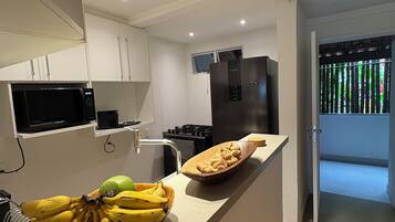 Cozinha moderna com ilha central, eletrodomésticos embutidos e vista para uma varanda.