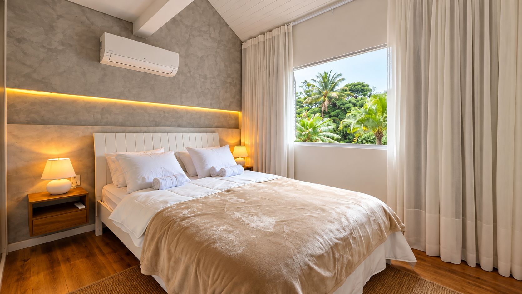 Une chambre d’hôtel avec un lit, des lampes de chevet, un appareil de climatisation, une fenêtre avec des rideaux et une vue sur la verdure environnante.