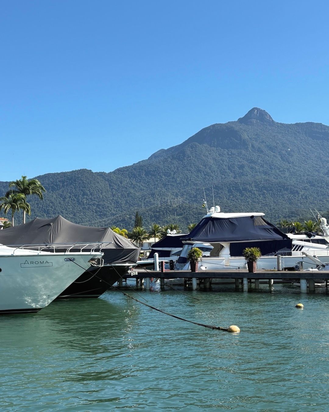 Marina com barcos atracados, montanha ao fundo e céu claro.