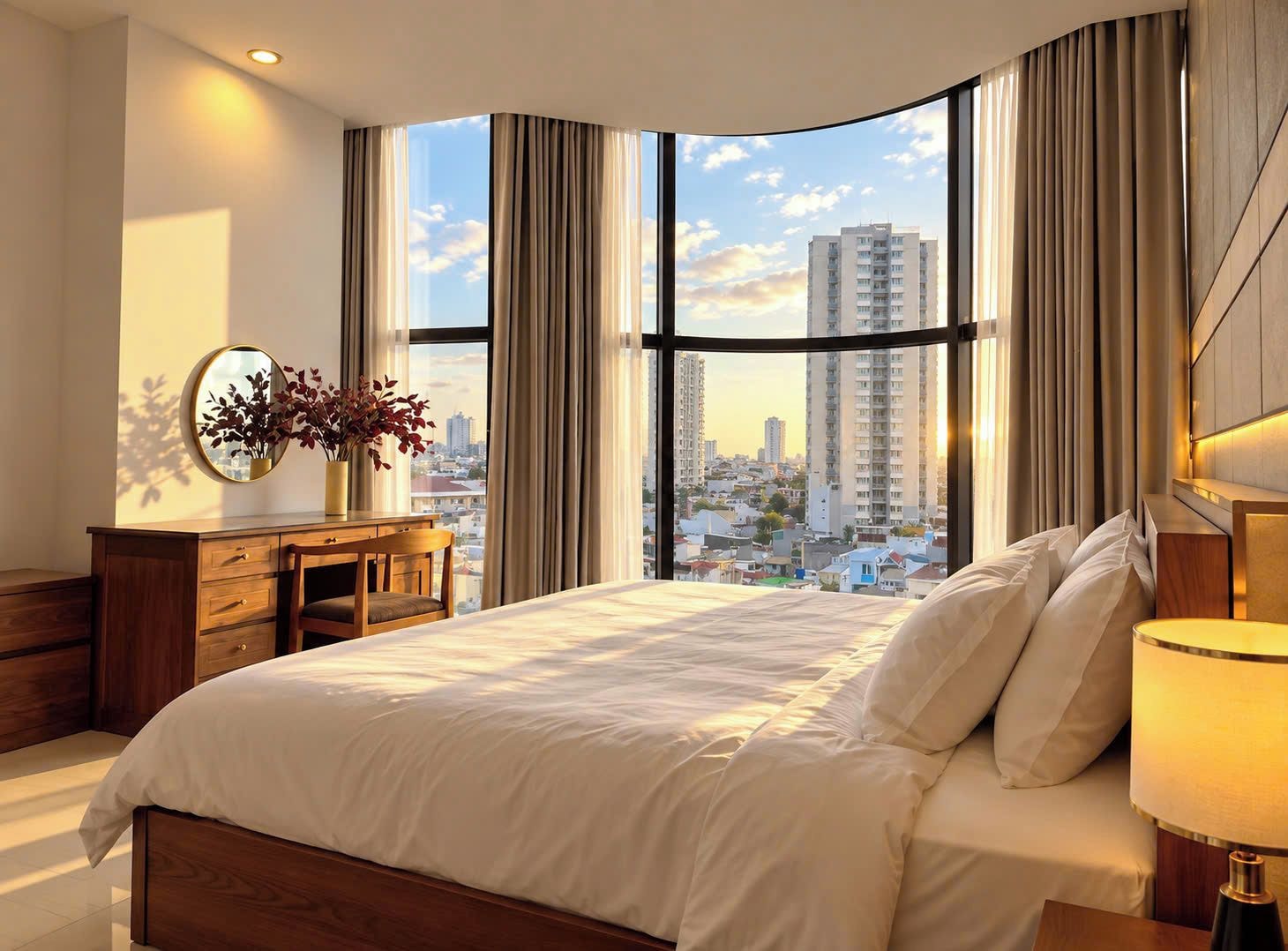 A bedroom with a large bed, a desk, and a view of a cityscape through floor-to-ceiling windows.