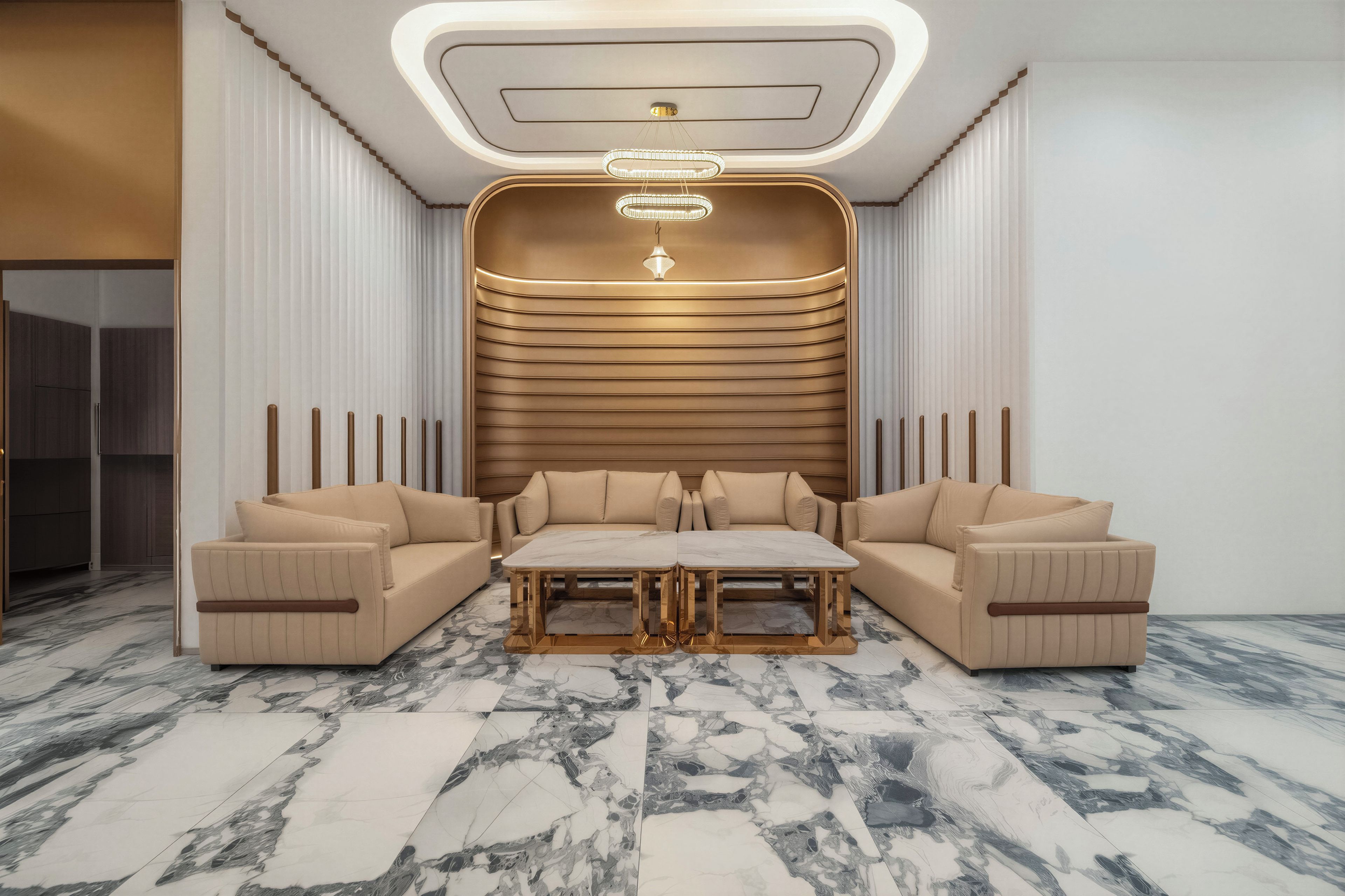 A modern living room with a sofa set, a marble floor, and a unique ceiling design.