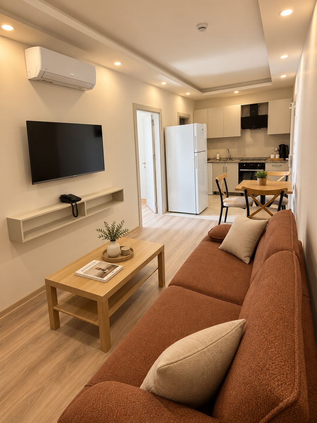 A modern living room with a sofa, a coffee table, a flat-screen TV, and a kitchen in the background.