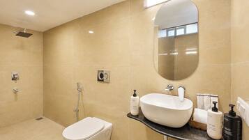 A modern bathroom with a toilet, bidet, and a large mirror above the sink.