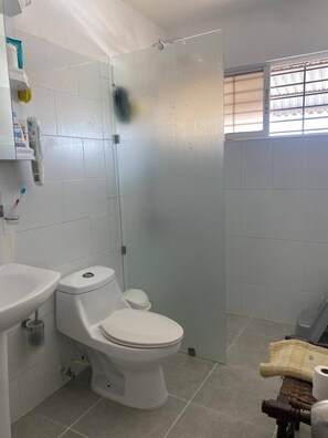 Ein Badezimmer mit Toilette, Waschbecken und Duschbereich.