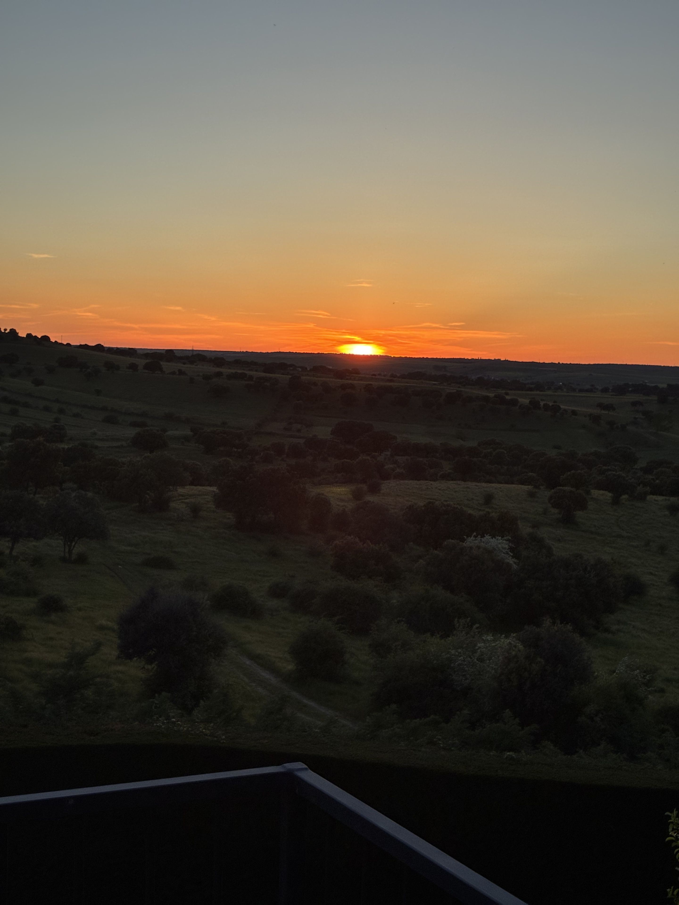 A sunset over a hilly landscape with sparse vegetation.