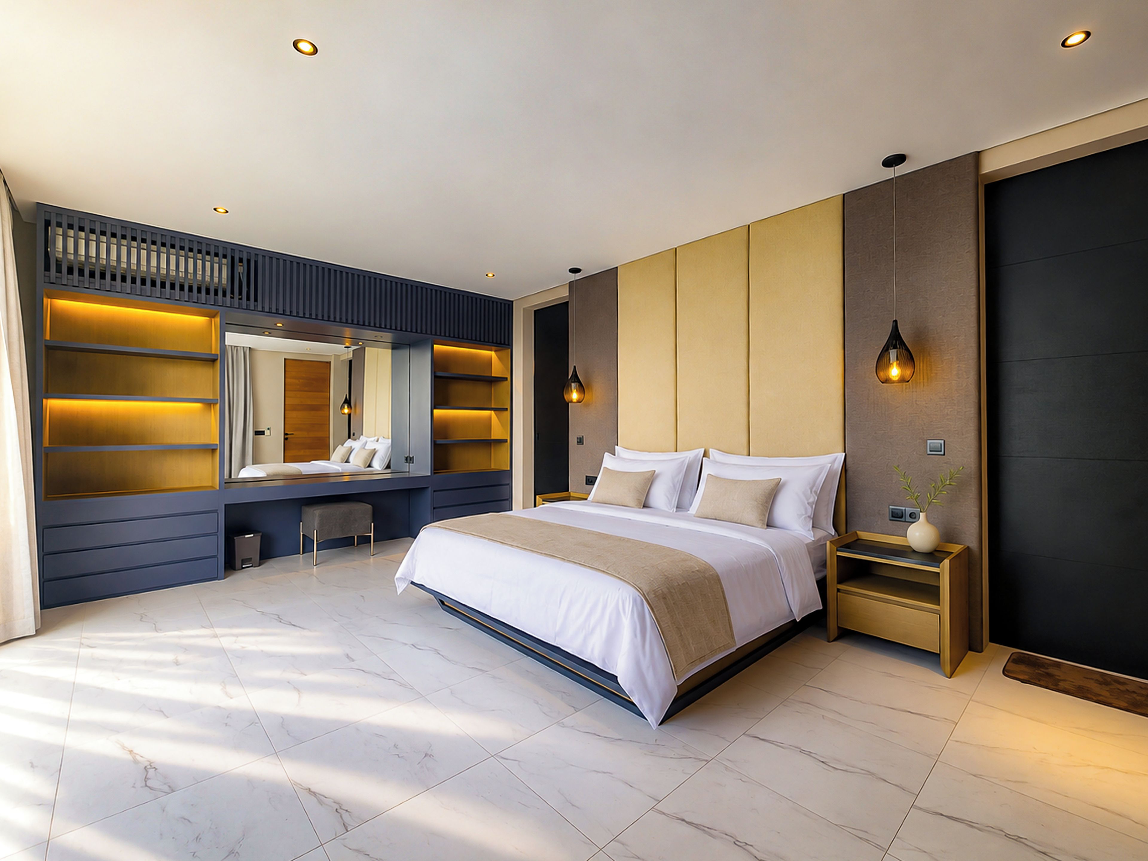 A modern bedroom with a large bed, a built-in desk, and a vanity with a mirror.