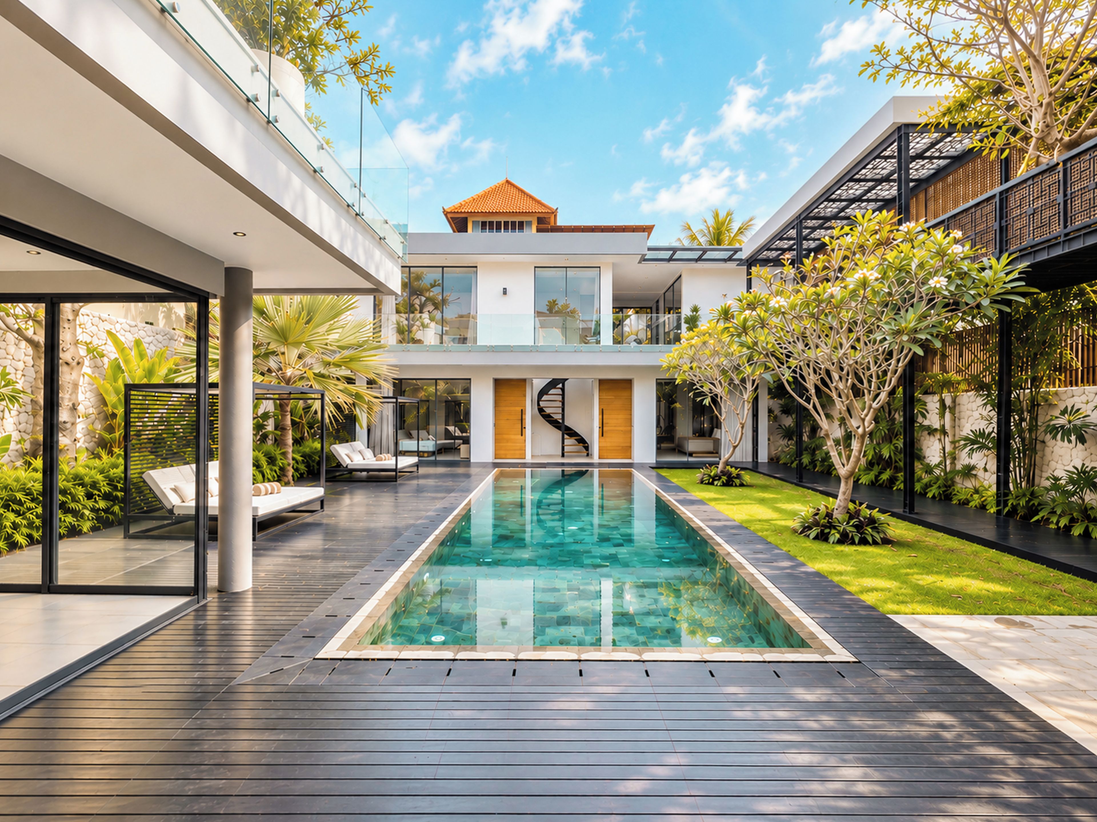 A modern house with a swimming pool, outdoor seating, and a staircase leading to the upper floor.