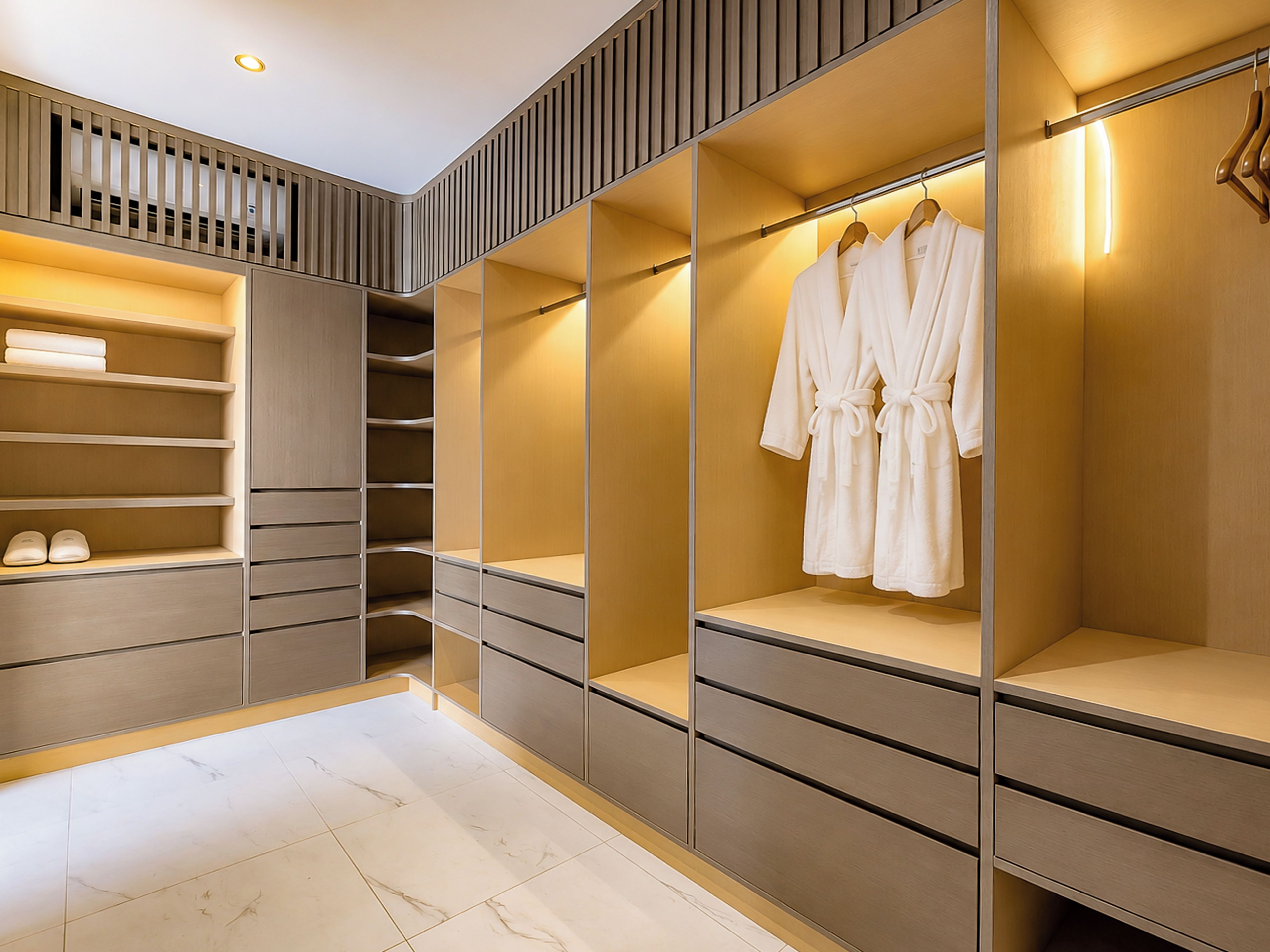 A modern walk-in closet with built-in shelves, a hanging robe rack, and a pair of slippers on the floor.