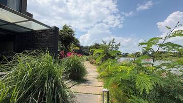 Uma trilha leva a um edifício moderno com fachada de vidro, cercado por vegetação exuberante e vista para um lago.