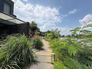 A pathway leading to a modern building with a glass facade, surrounded by lush greenery and a view of a lake.