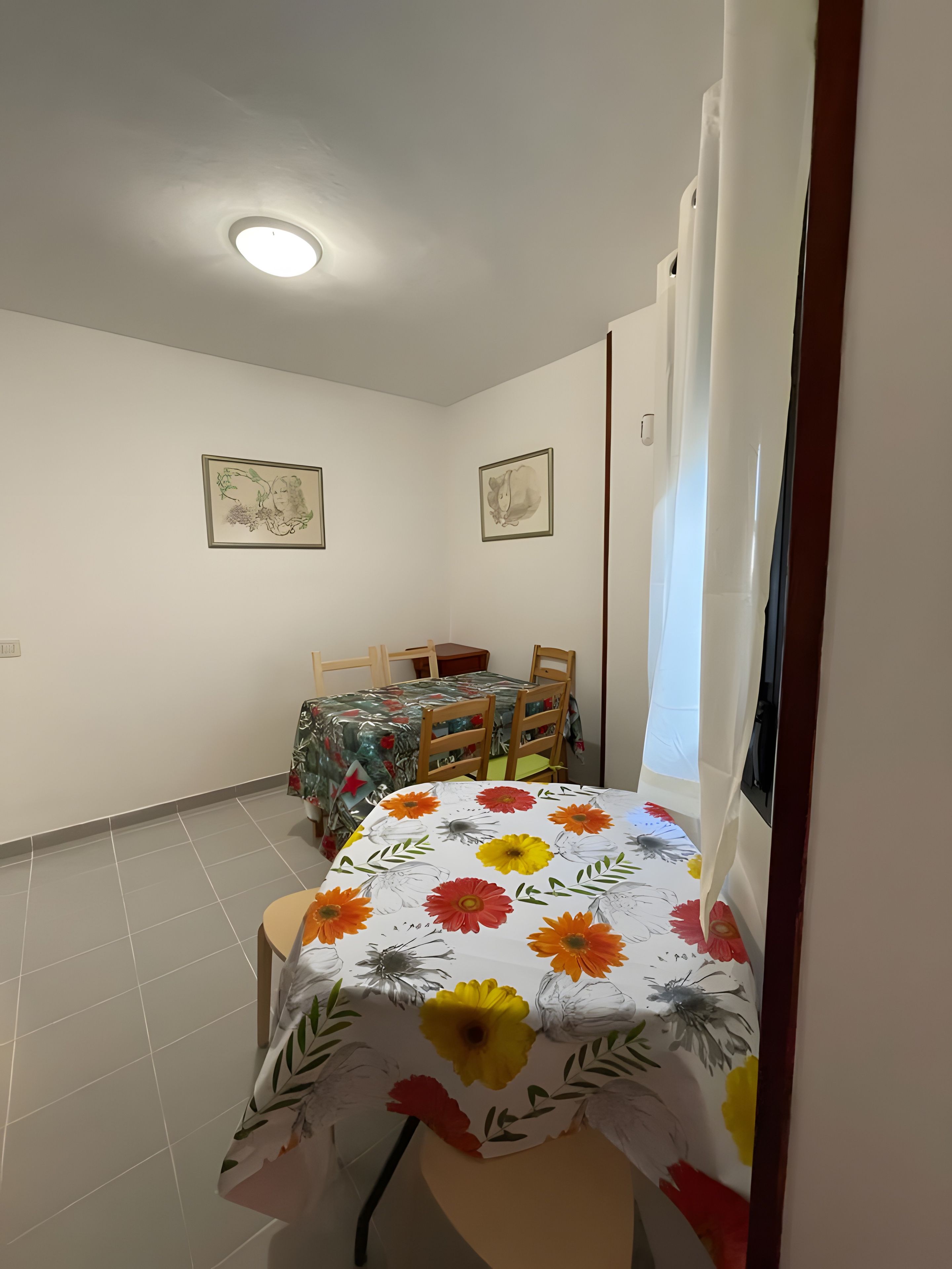 Een kamer met een eettafel, stoelen, een plafondlamp en twee ingelijste foto’s aan de muur.