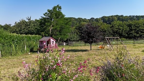 A small pink cabin with a porch, surrounded by a grassy field with wildflowers and a swing set.