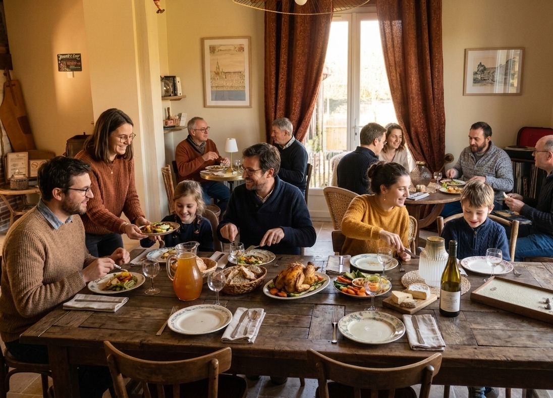 Een familieruimte met een houten tafel gedekt voor een maaltijd, omringd door stoelen.