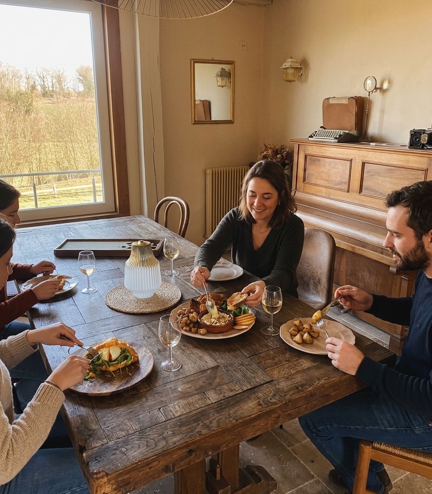 A wooden dining table with plates of food and wine glasses.