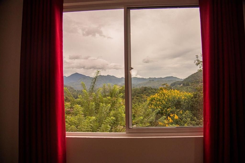 Una ventana con vista a un paisaje montañoso y vegetación densa.
