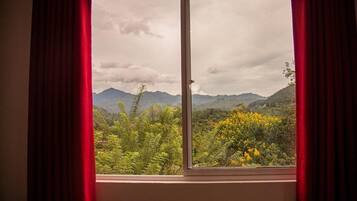 Una ventana con vista a un paisaje montañoso y vegetación densa.