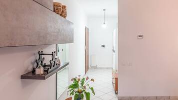 A modern interior with a kitchen counter, a potted plant, and a hallway leading to a door.
