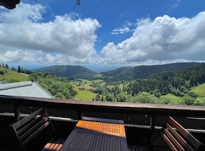 A wooden deck with a view of a valley and mountains.