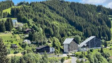 A mountainous area with a cluster of buildings, including a large hotel with multiple floors and a smaller building nearby.