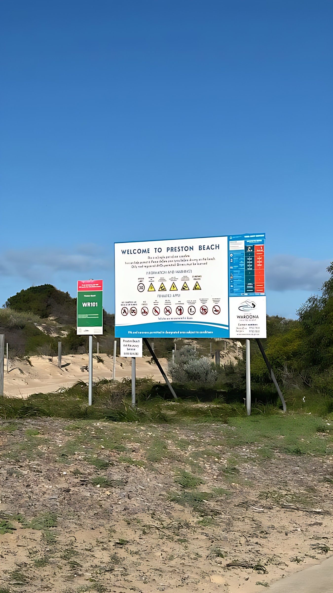General : The Welcome to Preston Beach sign marks the beach access through the dunes, around a 10-minute walk from Lake Views & Coastal Escape on the Shire of Waroona coastline.