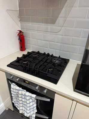 Eine Küche mit einem Gaskochfeld, einem Backofen und einem Feuerlöscher an der Wand.