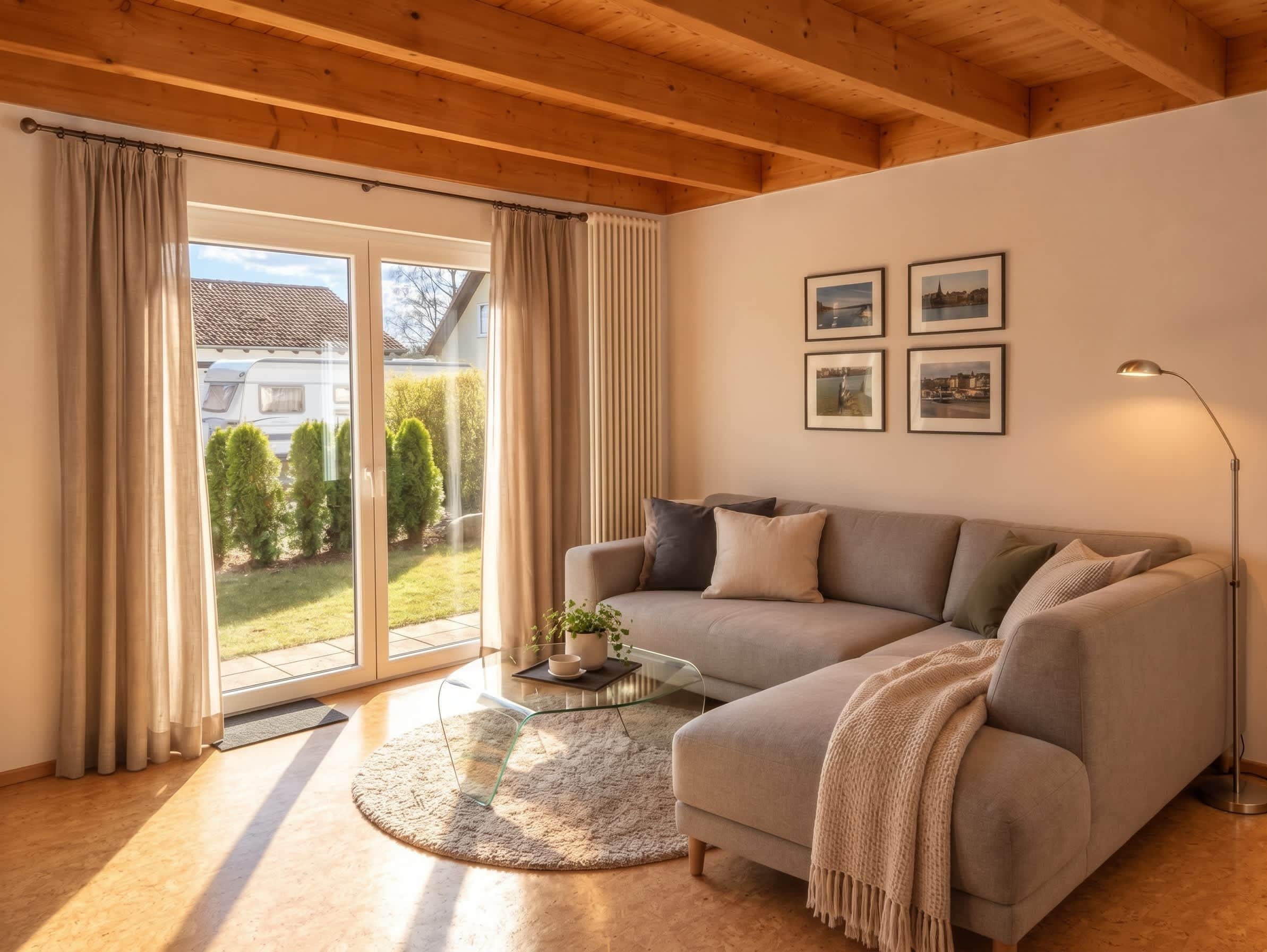 A modern living room with a sofa, a coffee table, a lamp, and a view of a garden through a sliding door.