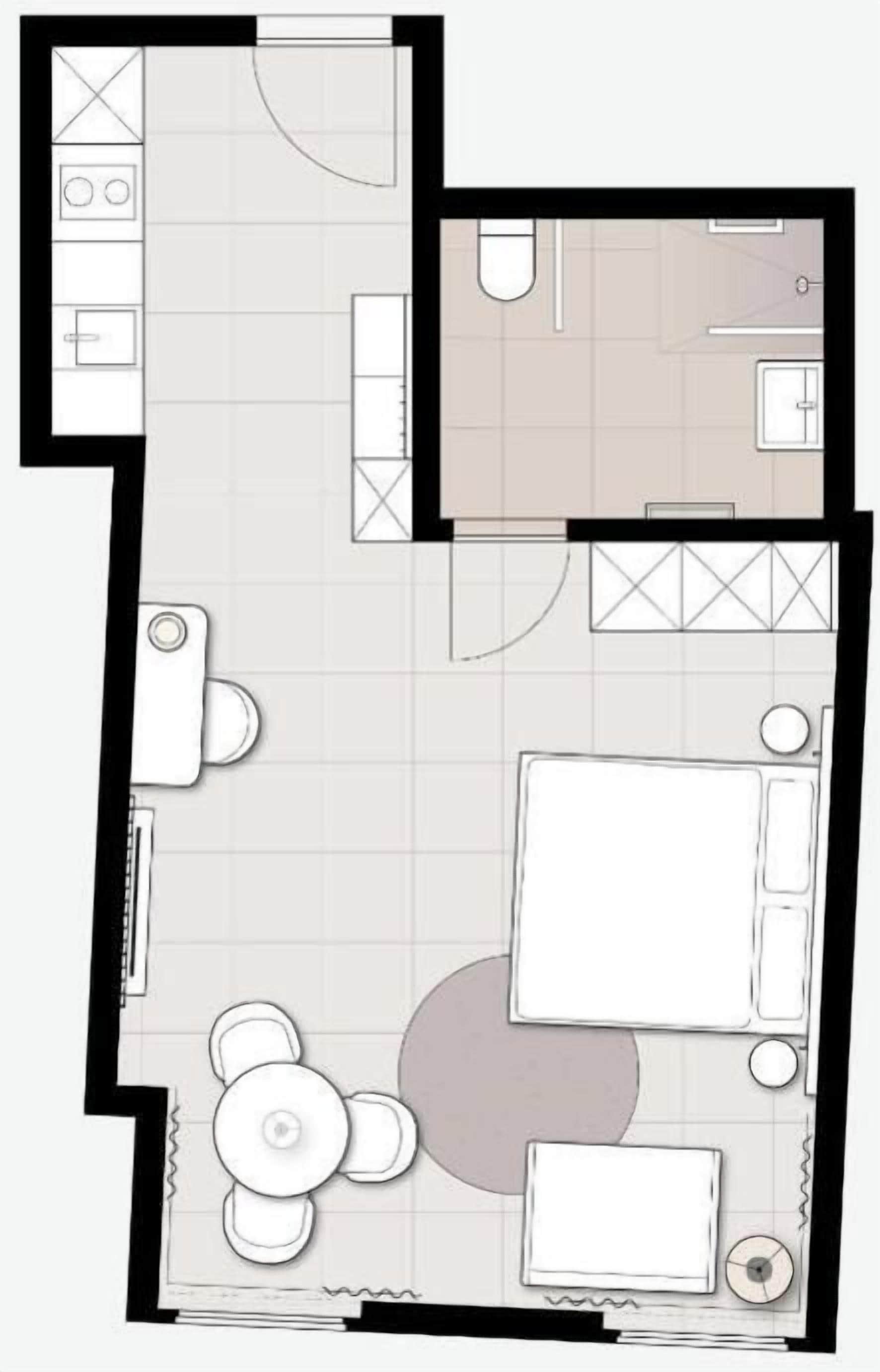 A floor plan of a hotel room with a bed, a desk, a chair, a small table, and a bathroom.