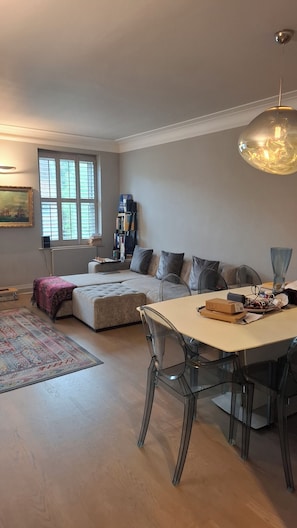 Un salon comprenant un canapé, une table à manger avec des chaises, un tapis et une bibliothèque.