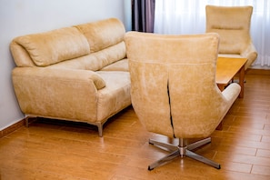 A modern living room with a sofa and a chair.