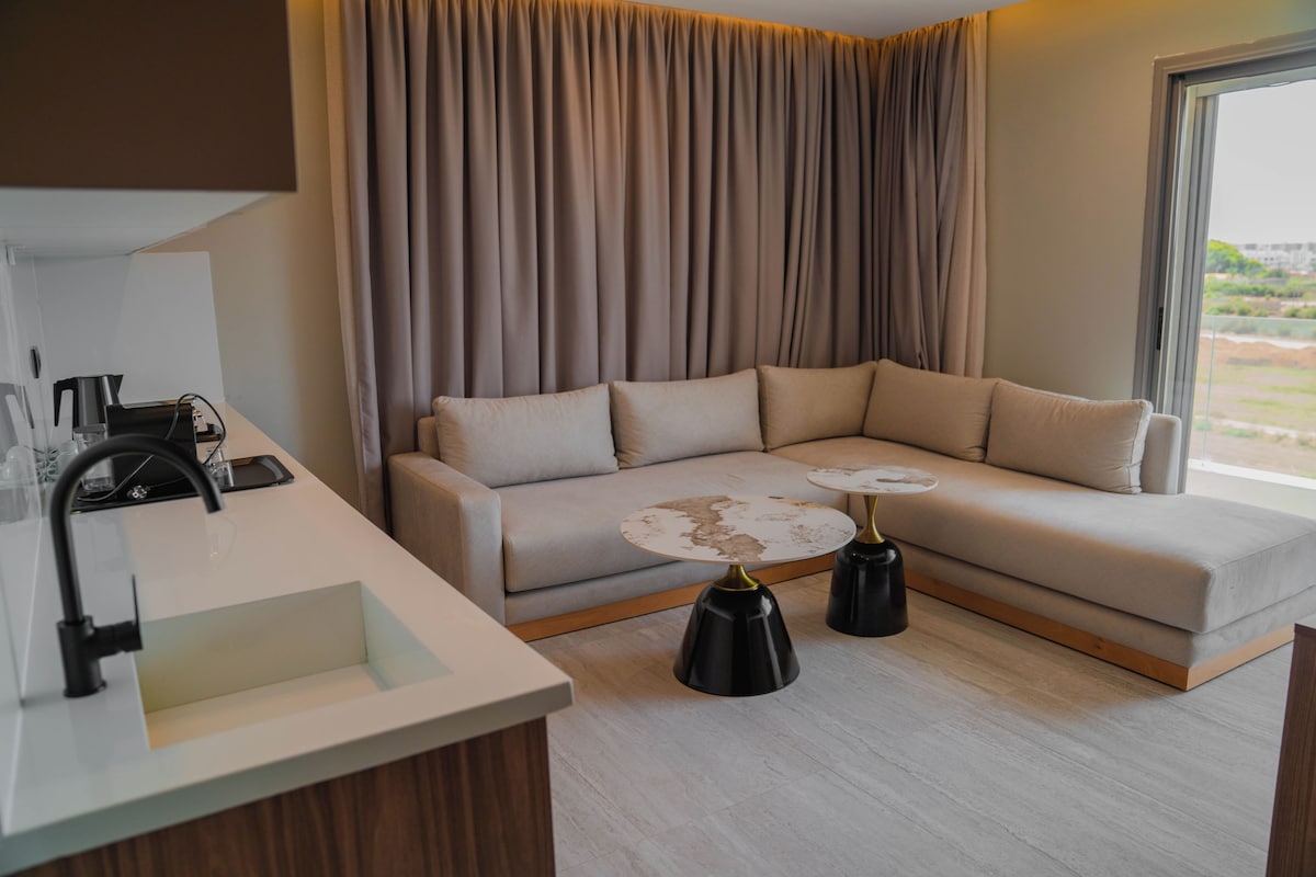 Una sala de estar moderna con un sofá, una mesa de centro y una zona de cocina con un fregadero y una cafetera.
