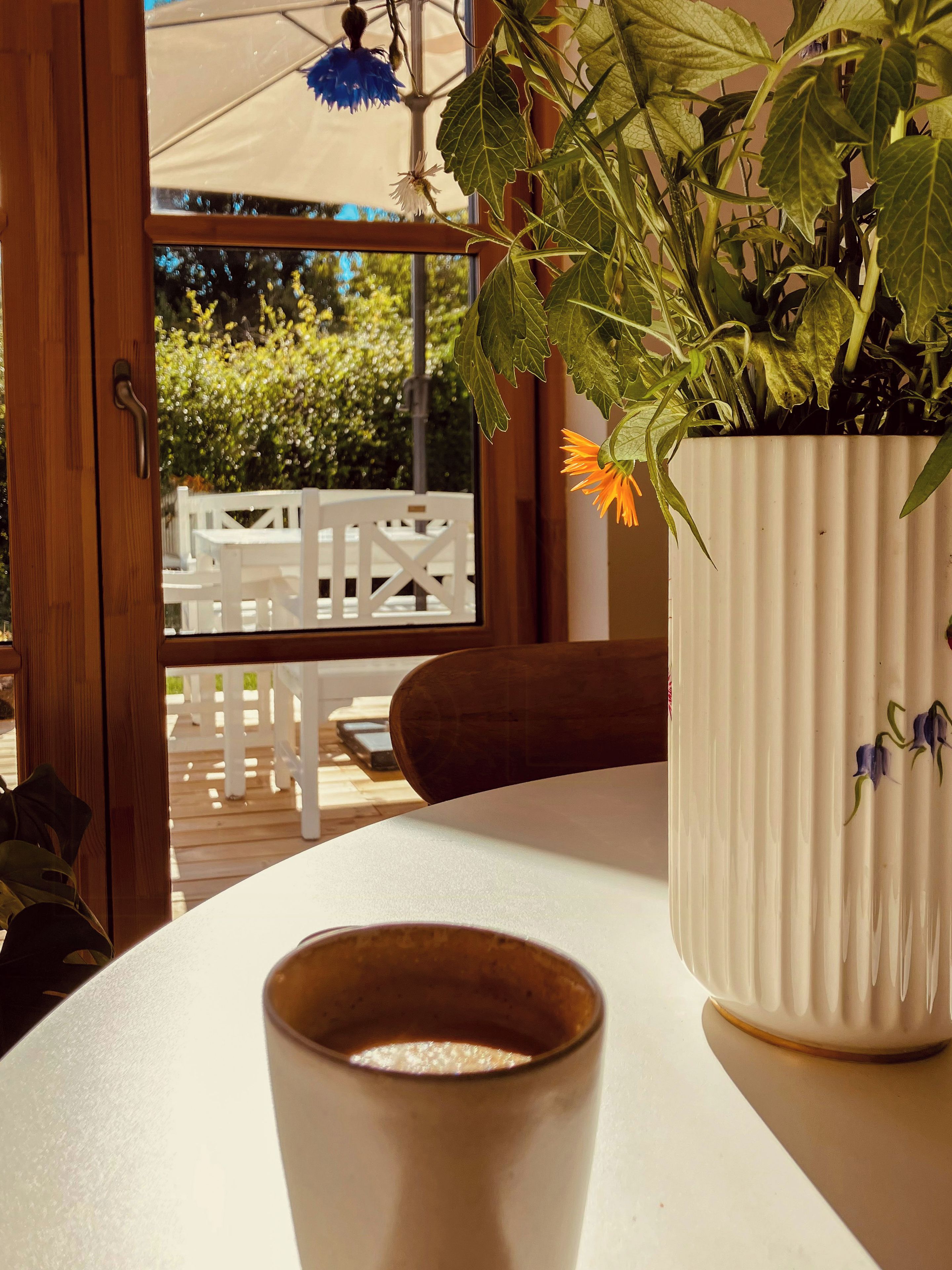 Una taza de cerámica blanca sobre una mesa, una planta en maceta con hojas verdes y una flor amarilla, y vista a una terraza exterior con mobiliario blanco.