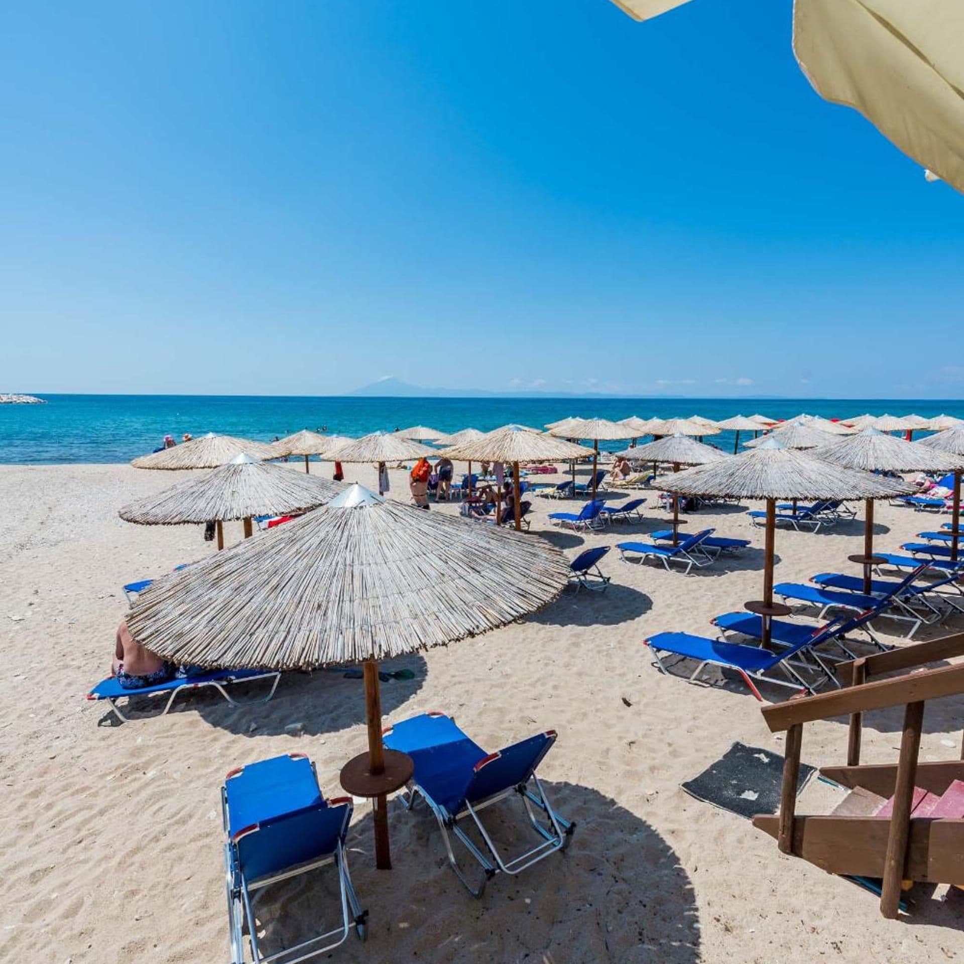 A beach with rows of sun loungers and thatched umbrellas.