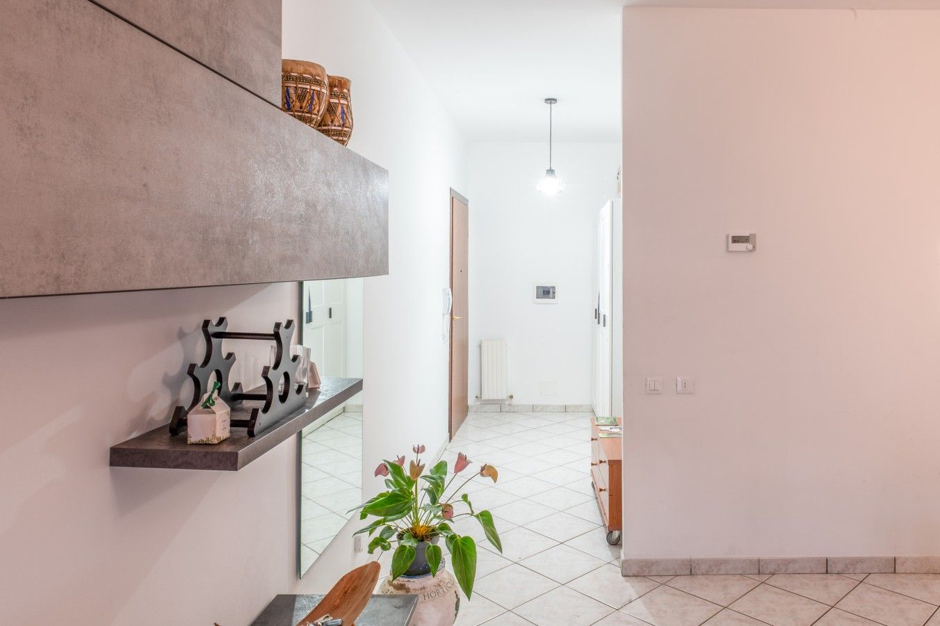 A modern interior with a kitchen counter, a potted plant, and a hallway leading to a door.