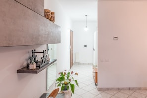Un intérieur moderne avec un comptoir de cuisine, une plante en pot et un couloir menant à une porte.