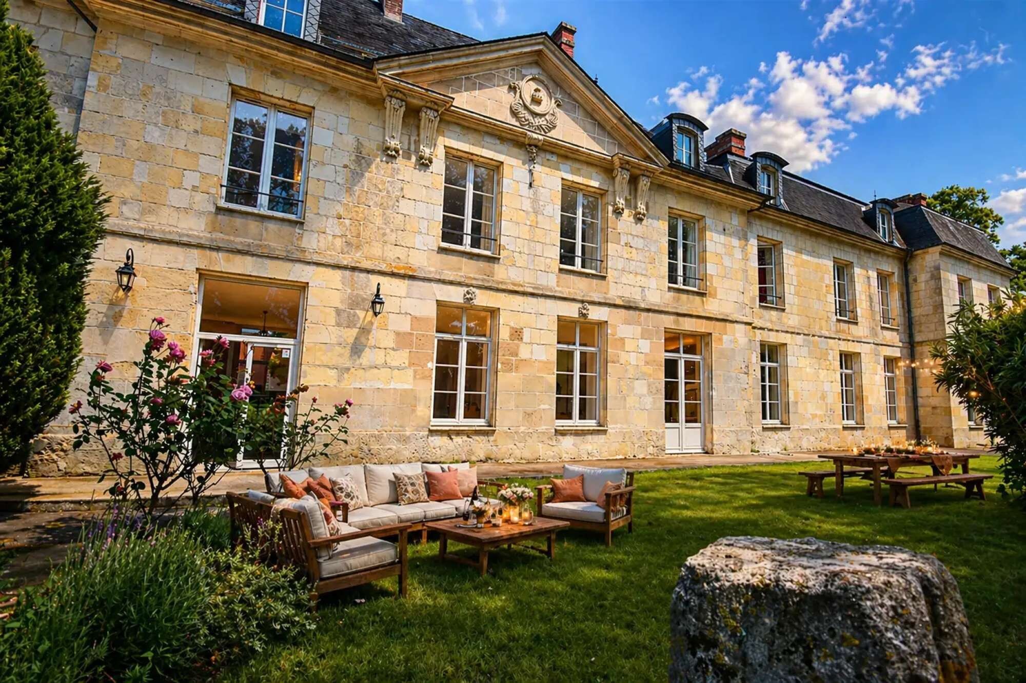 Façade du Château de Ravenel et salon extérieur